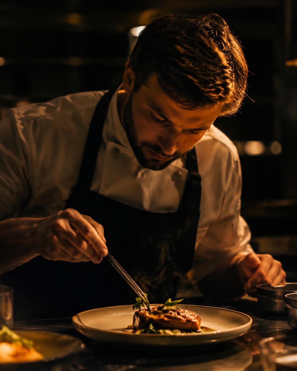 Chef plating a dish in a dark restaurant kitchen