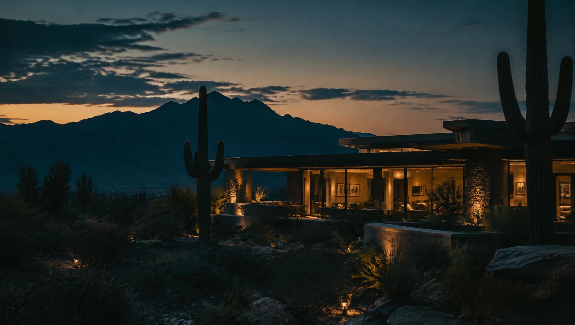Modern desert residence in Scottsdale at dusk